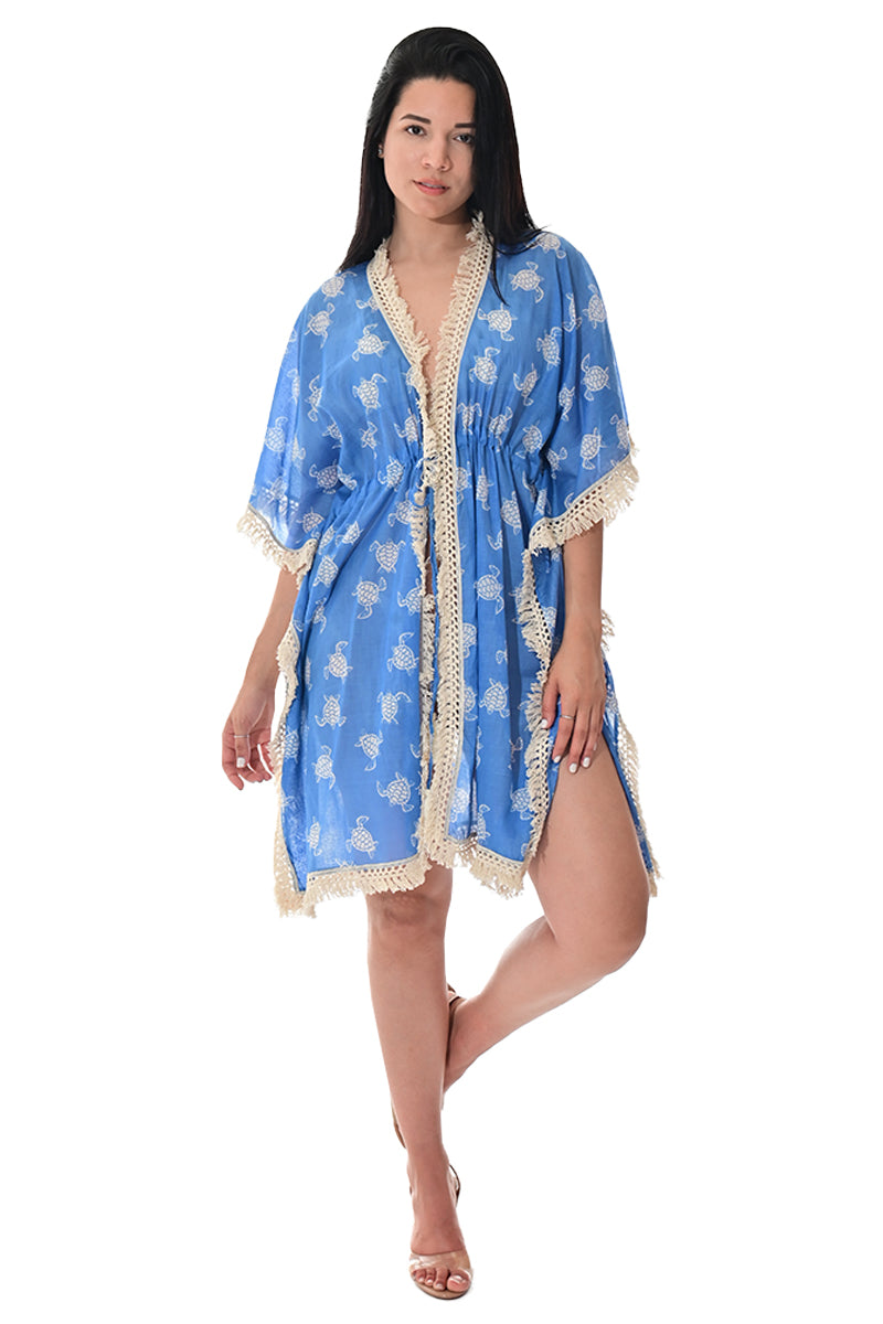 Swimsuit Cover-Up Fringe Tunic Turtle Blue by AZUCAR - LCT3581 - 6 PCS/PRE-PACK
