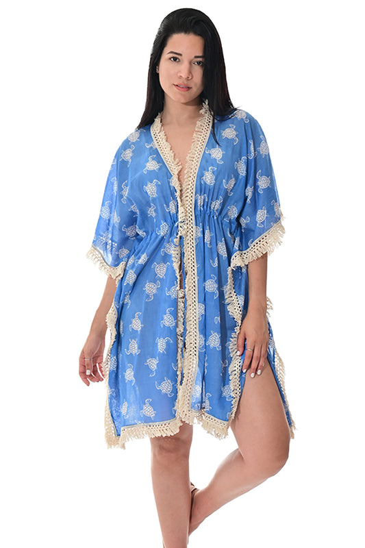 Swimsuit Cover-Up Fringe Tunic Turtle Blue by AZUCAR - LCT3581 - 6 PCS/PRE-PACK