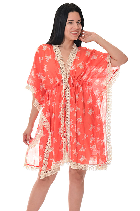 Swimsuit Cover-Up Fringe Tunic Baby Turtle Coral by AZUCAR - LCT3583 - 6 PCS/PRE-PACK