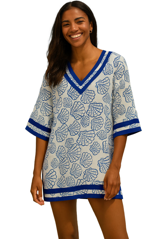 Swimsuit Cover-Up Tunic Sea Shell  WHITE/BLUE Color by AZUCAR - LCT3692 - 6 PCS/PRE-PACK