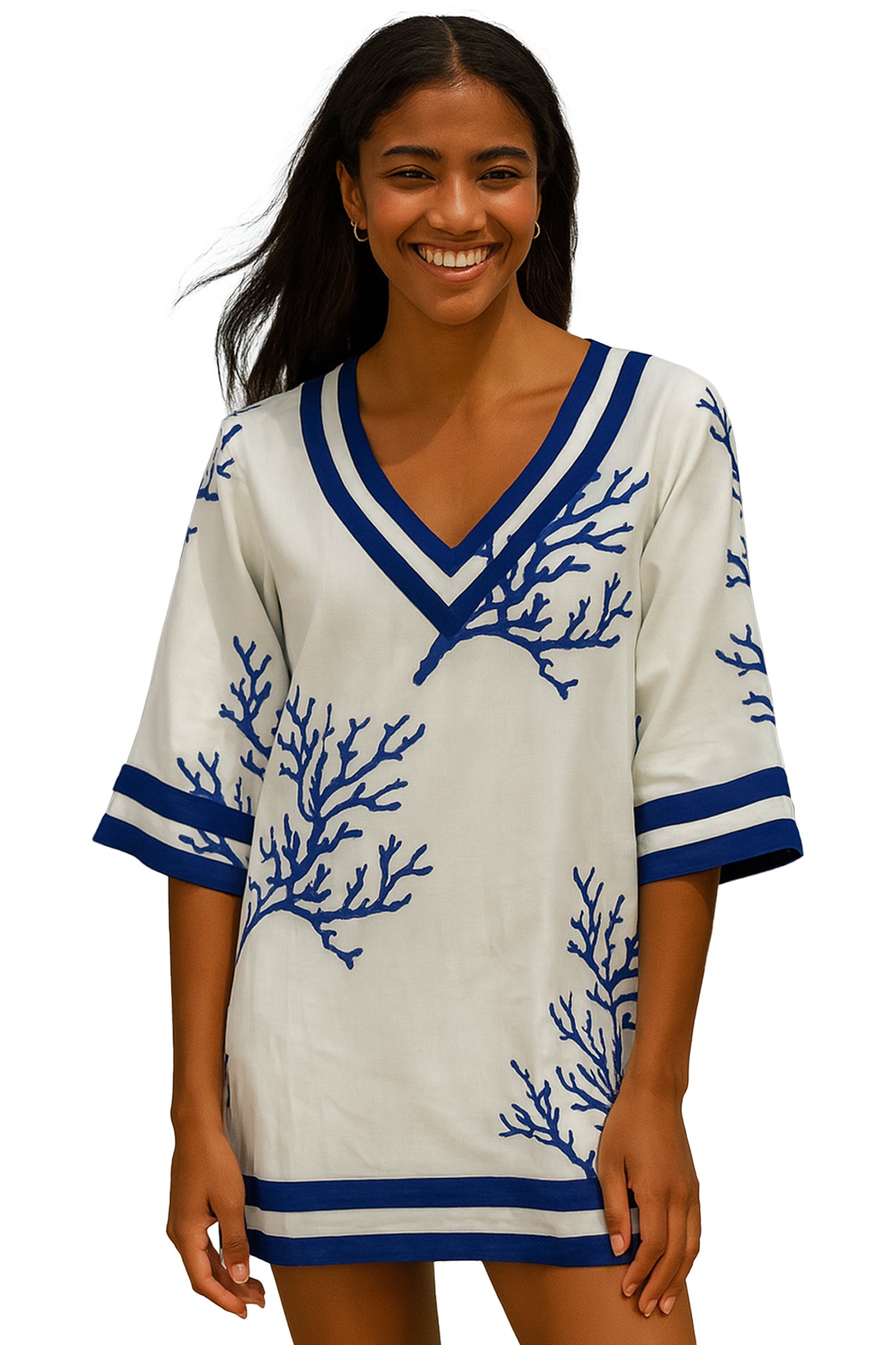 Swimsuit Cover-Up Tunic Sea Coral WHITE/BLUE by AZUCAR - LCT3694 - 6 PCS/PRE-PACK