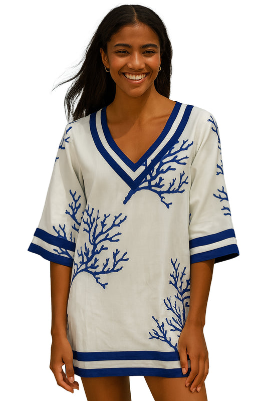 Swimsuit Cover-Up Tunic Sea Coral WHITE/BLUE by AZUCAR - LCT3694 - 6 PCS/PRE-PACK