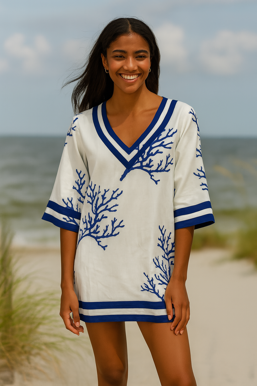 Swimsuit Cover-Up Tunic Sea Coral WHITE/BLUE by AZUCAR - LCT3694 - 6 PCS/PRE-PACK