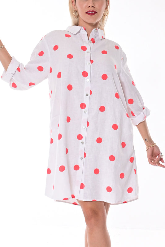Ladies Polka-Dot Dress Button Down Roll-Up Sleeve-WHITE/RED-LLB1330- 6 PCS/PRE-PACK