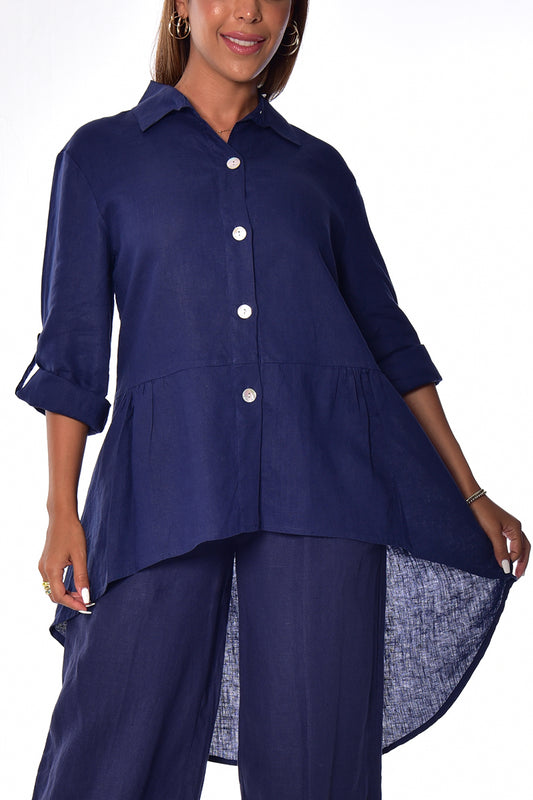 Ladies Linen Top Roll-Up Sleeve Top Hi-Low by AZUCAR - NAVY - Colors - LLB1383 - 6 PCS/PRE-PACK
