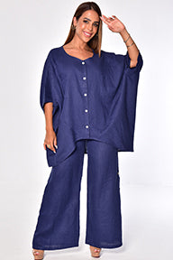 Ladies Linen Blouse Loose Button-Down Butterfly Sleeve by AZUCAR-NAVY-Color Options - LLB1697 - 6 PCS/PRE-PACK