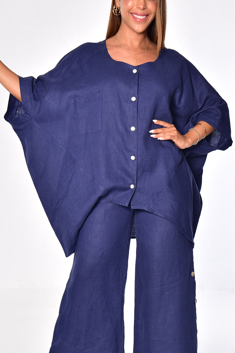 Ladies Linen Blouse Loose Button-Down Butterfly Sleeve by AZUCAR-NAVY-Color Options - LLB1697 - 6 PCS/PRE-PACK