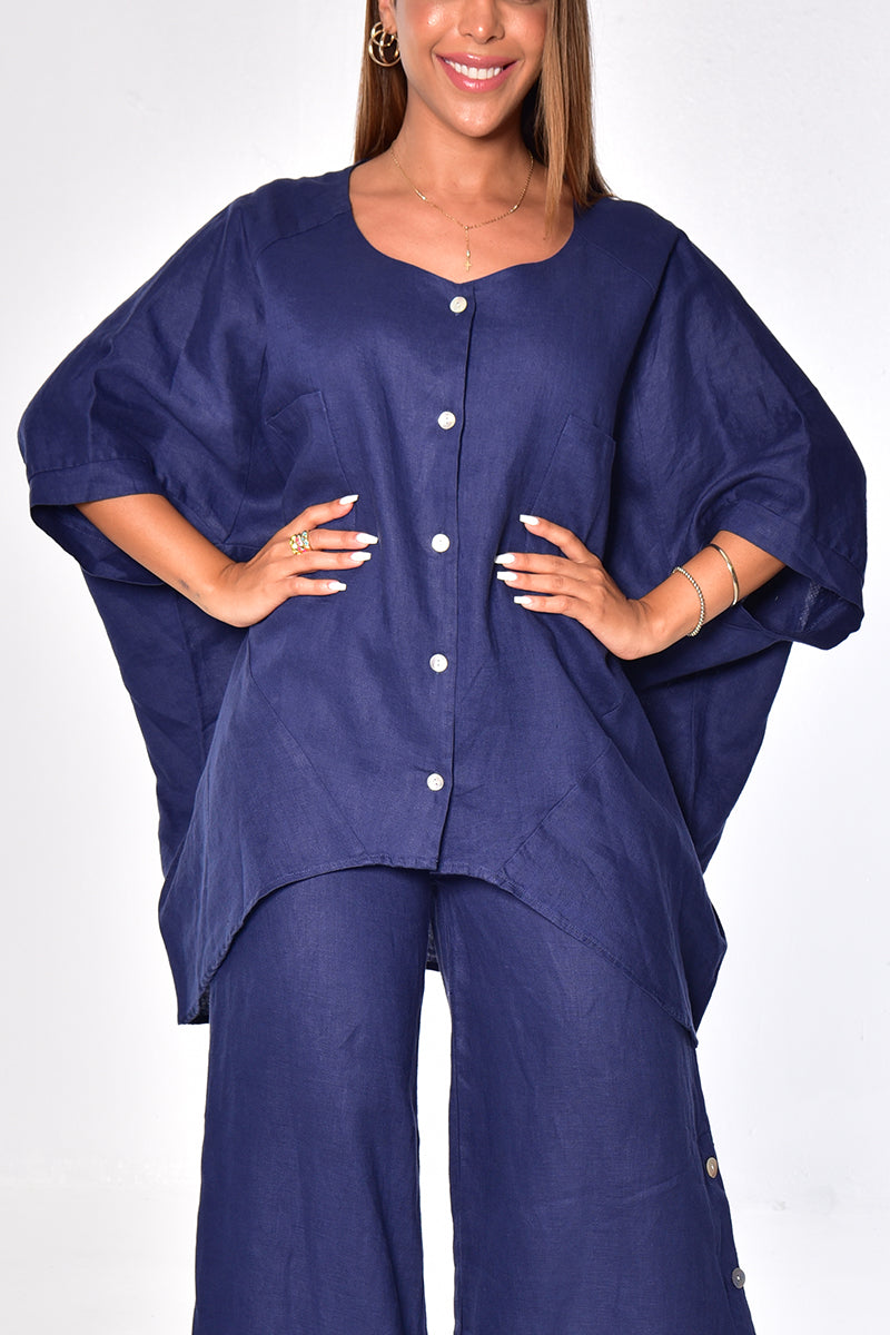Ladies Linen Blouse Loose Button-Down Butterfly Sleeve by AZUCAR-NAVY-Color Options - LLB1697 - 6 PCS/PRE-PACK