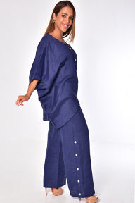 Ladies Linen Blouse Loose Button-Down Butterfly Sleeve by AZUCAR-NAVY-Color Options - LLB1697 - 6 PCS/PRE-PACK
