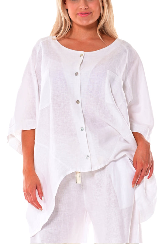 Ladies Linen Blouse Loose Button-Down Butterfly Sleeve by AZUCAR-WHITE-Color Options - LLB1697 - 6 PCS/PRE-PACK