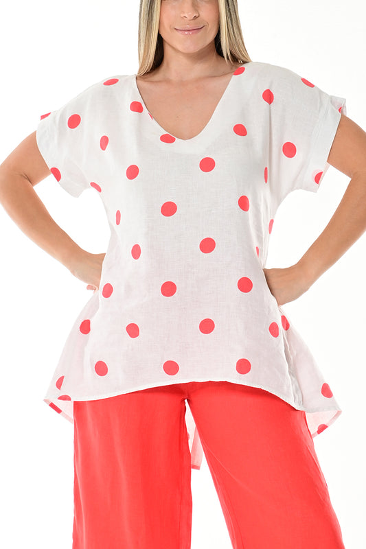 Ladies Polka-Dot Dress Button Down Roll-Up Sleeve by AZUCAR WHITE/RED - LLB1726 - 6 PCS/PRE-PACK
