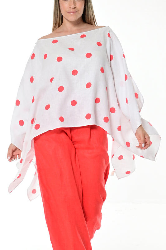Ladies Linen Poncho with Polka-Dots by AZUCAR - WHITE/RED - LLB1728 - 6 PCS/PRE-PACK