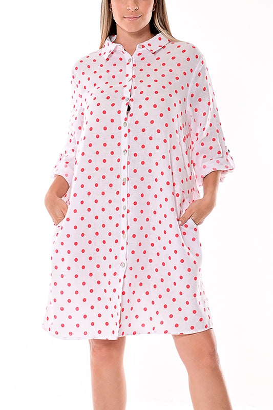 Ladies Polka-Dot Dress Button Down Roll-Up Sleeve-WHITE/RED-LLB1330SD - 6 PCS/PRE-PACK