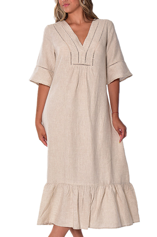 Ladies Linen Dress 3/4 Sleeves & Ruffled Hem Maxi by AZUCAR-NATURAL - Color Options - LLD1695- 6 PCS/PRE-PACK