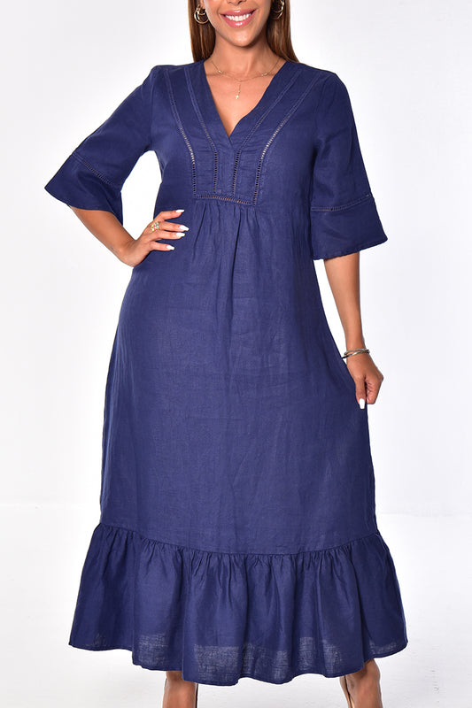 Ladies Linen Dress 3/4 Sleeves & Ruffled Hem Maxi by AZUCAR-NAVY- Color Options - LLD1695- 6 PCS/PRE-PACK