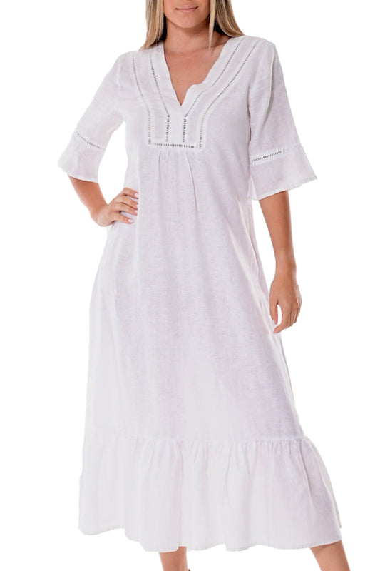 Ladies Linen Dress 3/4 Sleeves & Ruffled Hem Maxi by AZUCAR-WHITE- Color Options - LLD1695- 6 PCS/PRE-PACK