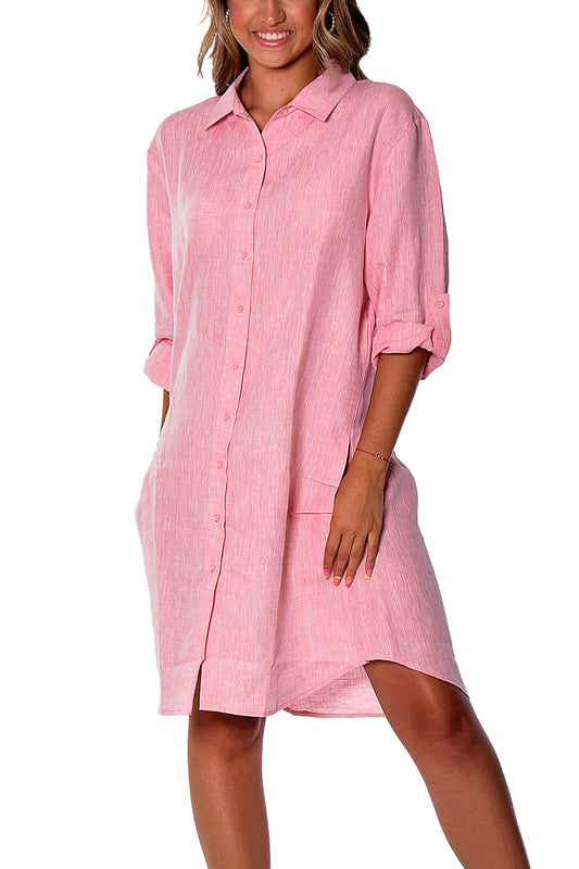 Ladies Linen Dress Button Front Boyfriend Roll-Up 3/4 Sleeve by AZUCAR-RED-Color Options - LLD1725- 6 PCS/PRE-PACK