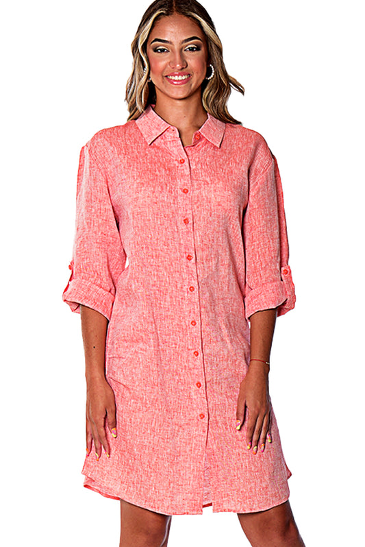Ladies Linen Dress Button Front Boyfriend Roll-Up 3/4 Sleeve by AZUCAR-ORANGE-Color Options - LLD1725- 6 PCS/PRE-PACK