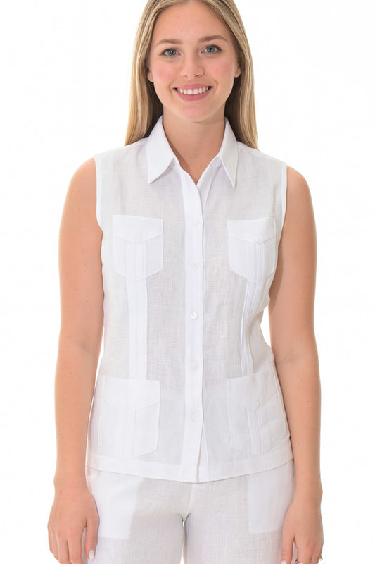 Ladies Linen Guayabera Sleeveless Traditional 4 Pocket-WHITE-LLGB1082-6 PCS/PRE-PACK