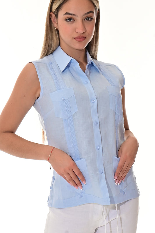 Ladies Linen Guayabera Sleeveless Traditional Blouse LT. BLUE-Color Options - LLGB3006 - 6 PCS/PRE-PACK