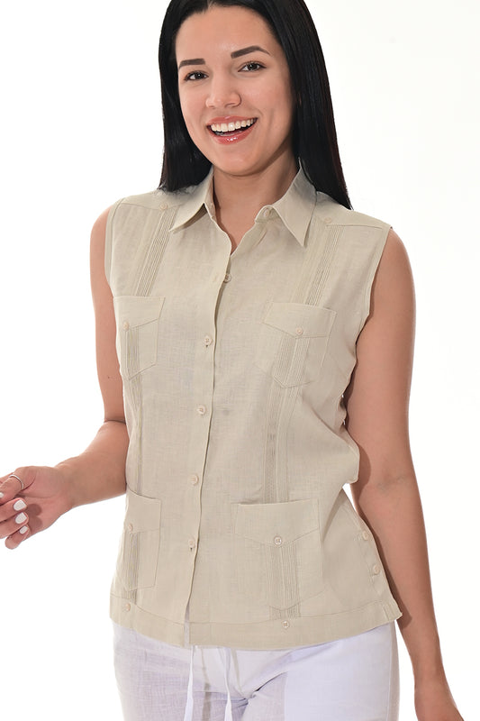 Ladies Linen Guayabera Sleeveless Traditional Blouse NATURAL-Color Options - LLGB3006 - 6 PCS/PRE-PACK