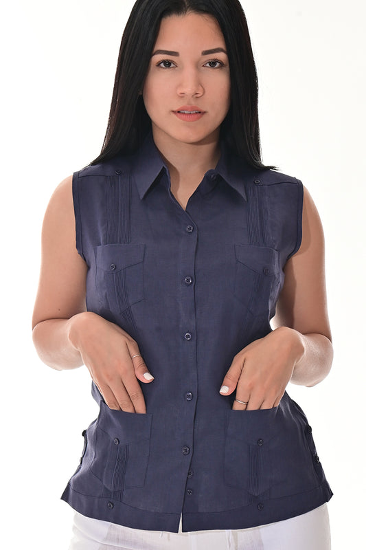 Ladies Linen Guayabera Sleeveless Traditional Blouse NAVY-Color Options - LLGB3006 - 6 PCS/PRE-PACK
