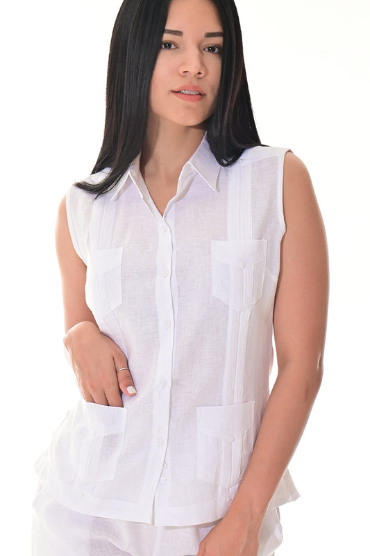 Ladies Linen Guayabera Sleeveless Traditional Blouse WHITE-Color Options - LLGB3006 - 6 PCS/PRE-PACK