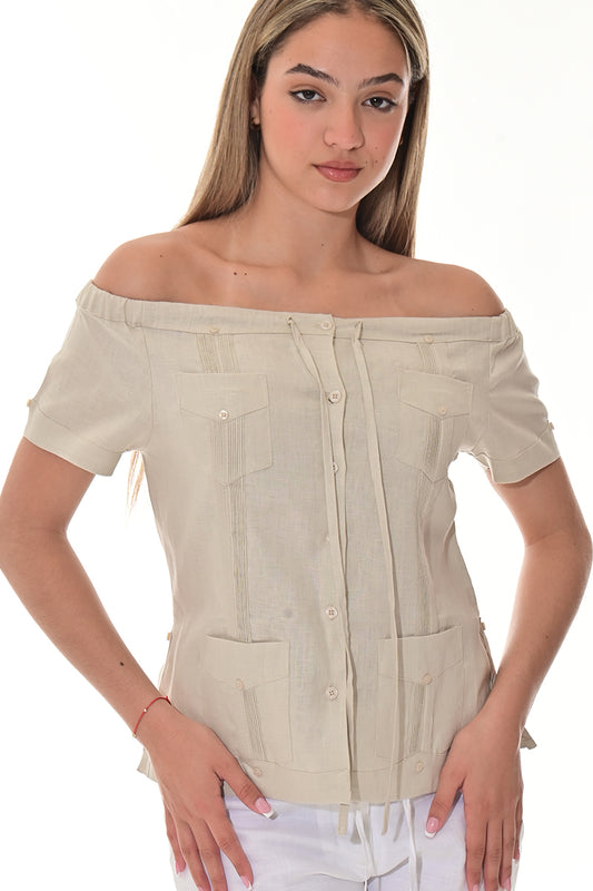 Ladies Linen Guayabera Off-the-Shoulder Short Sleeve Top NATURAL-Color Options - LLGB3007 - 6 PCS/PRE-PACK