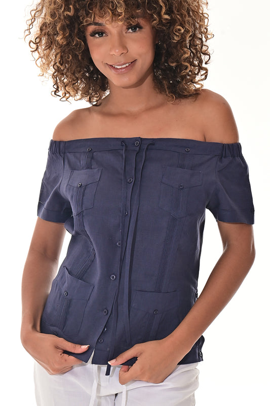 Ladies Linen Guayabera Off-the-Shoulder Short Sleeve Top NAVY-Color Options - LLGB3007 - 6 PCS/PRE-PACK