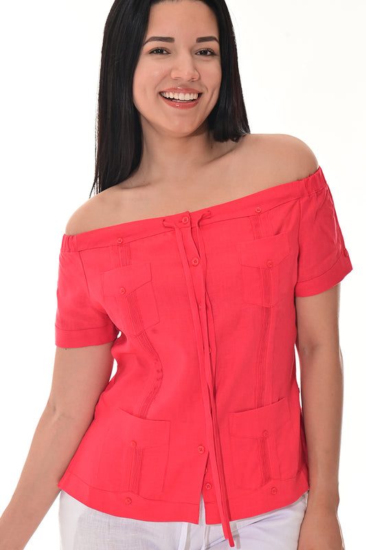 Ladies Linen Guayabera Off-the-Shoulder S/S Top RED-Color Options - LLGB3007 - 6 PCS/PRE-PACK