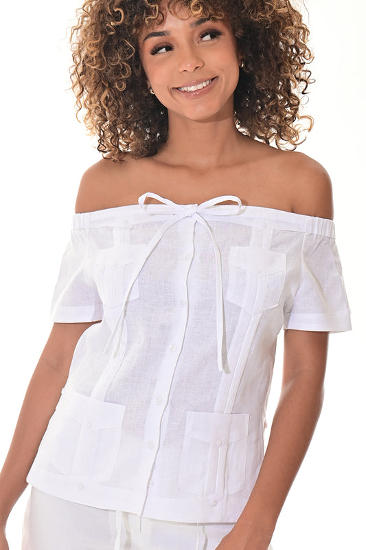 Ladies Linen Guayabera Off-the-Shoulder Short Sleeve Top WHITE-Color Options - LLGB3007 - 6 PCS/PRE-PACK