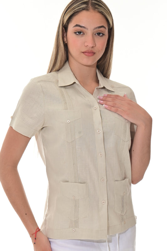 Ladies Linen Guayabera Short Sleeve Traditional Blouse NATURAL-Color Options - LLGB3008 - 6 PCS/PRE-PACK