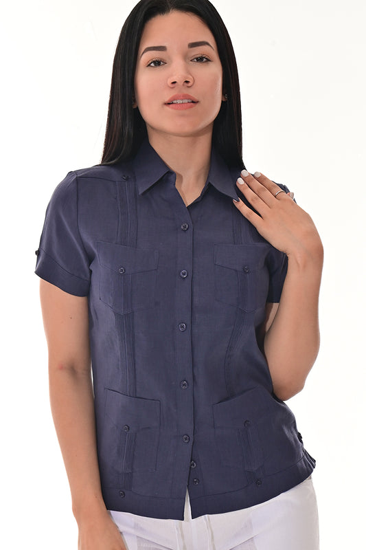 Ladies Linen Guayabera Short Sleeve Traditional Blouse NAVY-Color Options - LLGB3008 - 6 PCS/PRE-PACK