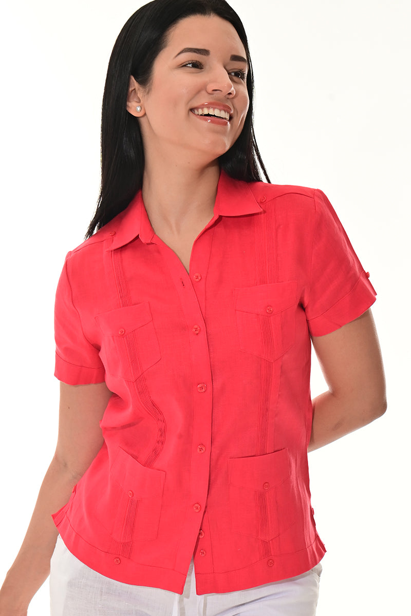 Ladies Linen Guayabera Short Sleeve Traditional Blouse RED-Color Options - LLGB3008 - 6 PCS/PRE-PACK
