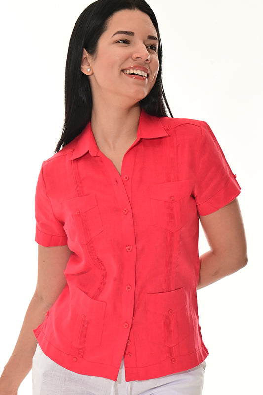 Ladies Linen Guayabera Short Sleeve Traditional Blouse RED-Color Options - LLGB3008 - 6 PCS/PRE-PACK