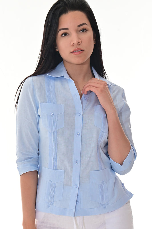 Ladies 100% Linen Guayabera 3/4 Sleeve Traditional LT. BLUE-Color Options - LLGB3009 - 6 PCS/PRE-PACK