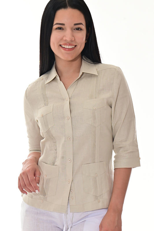 Ladies 100% Linen Guayabera 3/4 Sleeve Traditional NATURAL-Color Options - LLGB3009 - 6 PCS/PRE-PACK