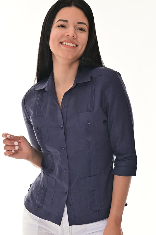 Ladies 100% Linen Guayabera 3/4 Sleeve Traditional NAVY-Color Options - LLGB3009 - 6 PCS/PRE-PACK