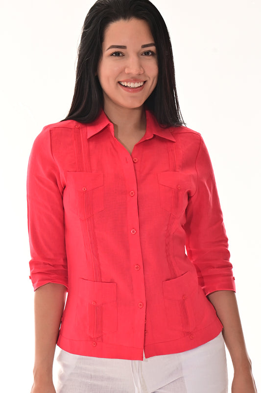 Ladies 100% Linen Guayabera 3/4 Sleeve Traditional RED-Color Options - LLGB3009 - 6 PCS/PRE-PACK