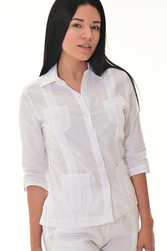 Ladies 100% Linen Guayabera 3/4 Sleeve Traditional WHITE-Color Options - LLGB3009 - 6 PCS/PRE-PACK