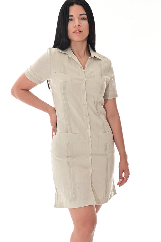 Ladies 100% Linen Guayabera Dress Classic S/S Button Down NATURAL-Color Options - LLGD3010 - 6 PCS/PRE-PACK
