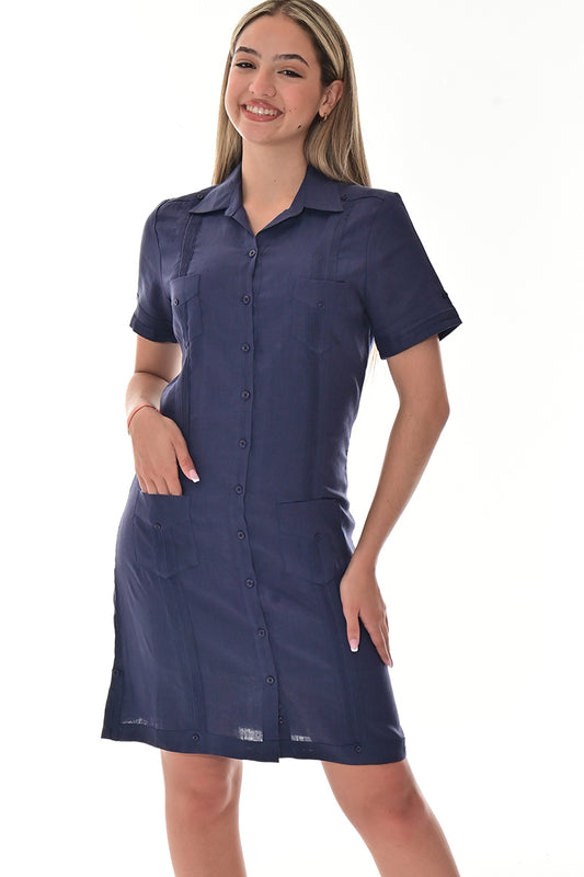 Ladies 100% Linen Guayabera Dress Classic S/S Button Down NAVY-Color Options - LLGD3010 - 6 PCS/PRE-PACK
