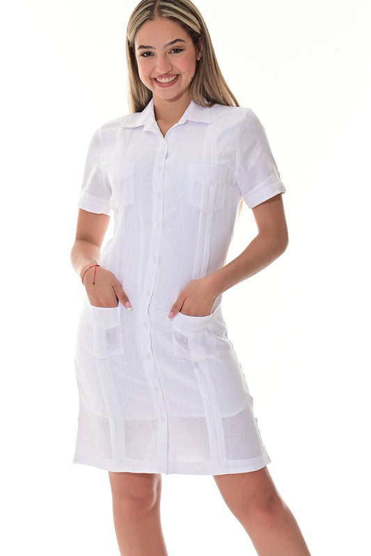 Ladies 100% Linen Guayabera Dress Classic S/S Button Down WHITE-Color Options - LLGD3010 - 6 PCS/PRE-PACK