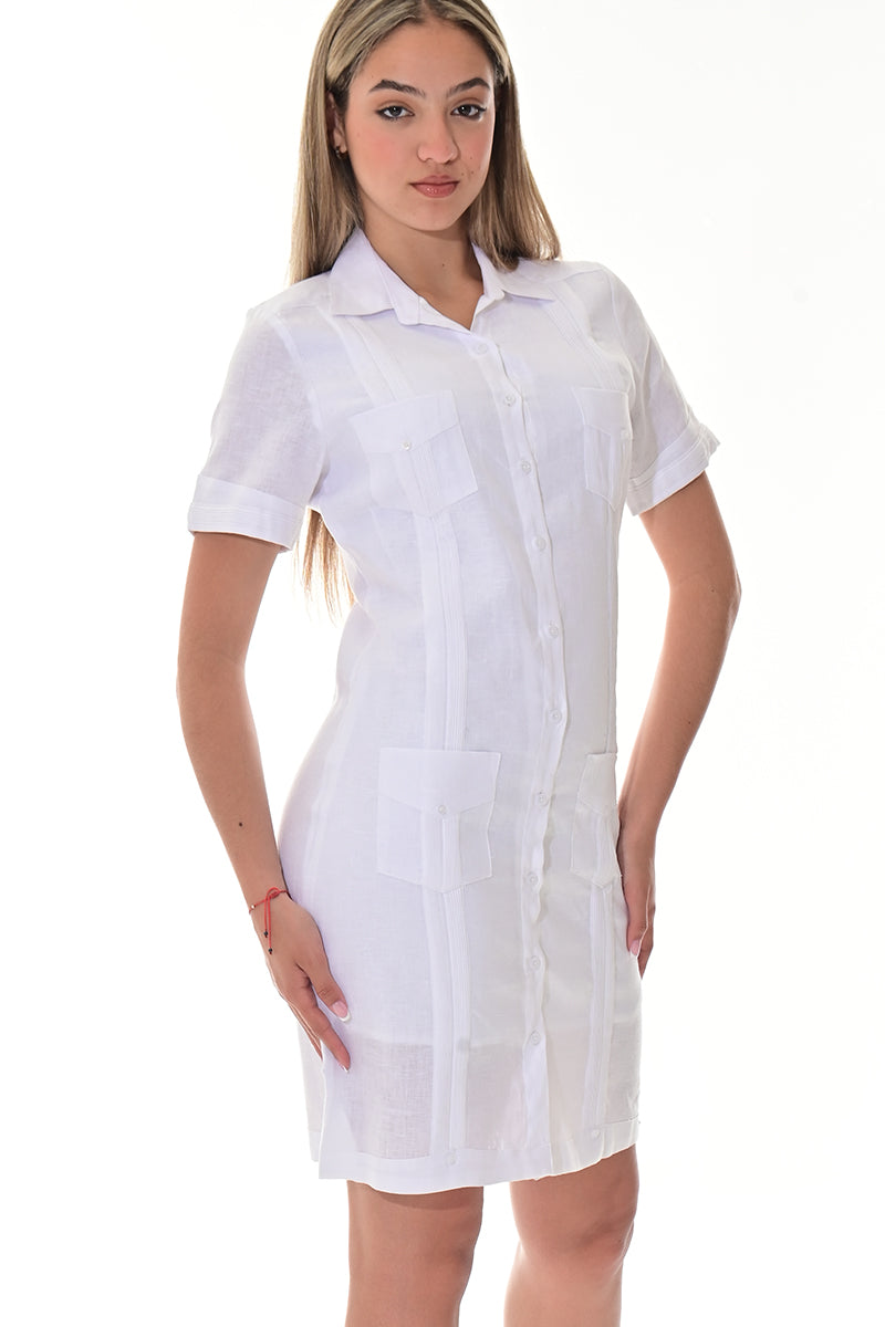Ladies 100% Linen Guayabera Dress Classic S/S Button Down NAVY-Color Options - LLGD3010 - 6 PCS/PRE-PACK
