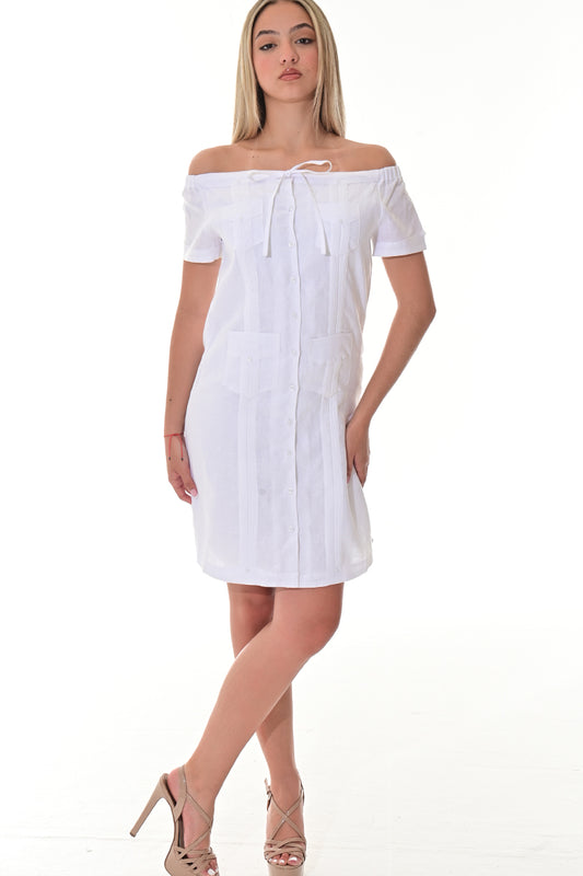 Ladies S/S Linen Guayabera Dress Off-the-Shoulder Traditional WHITE-Color Options - LLGD3011 - 6 PCS/PRE-PACK