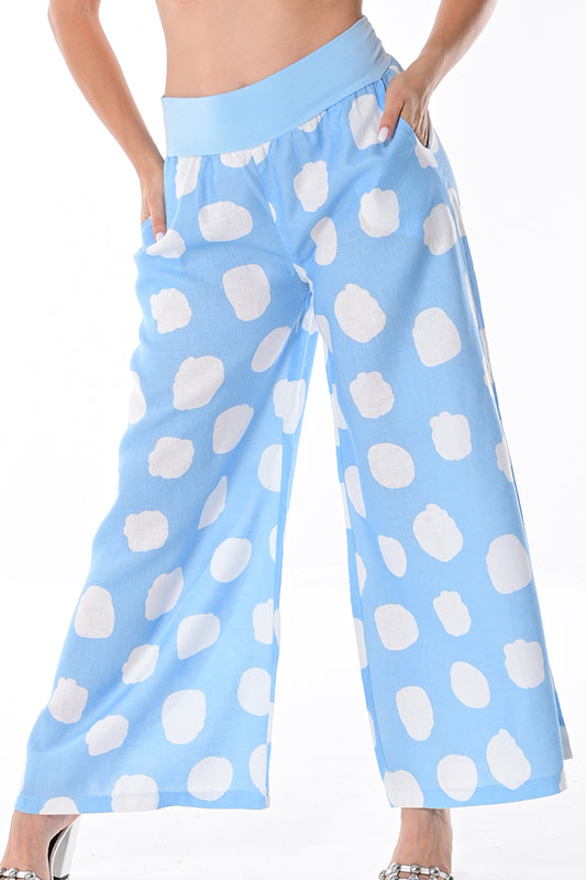 Ladies Linen Wide Leg Pants Polka-Dot Print/Cloud by AZUCAR - LT. BLUE/WHITE - LLWP104 - 6 PCS/PRE-PACK