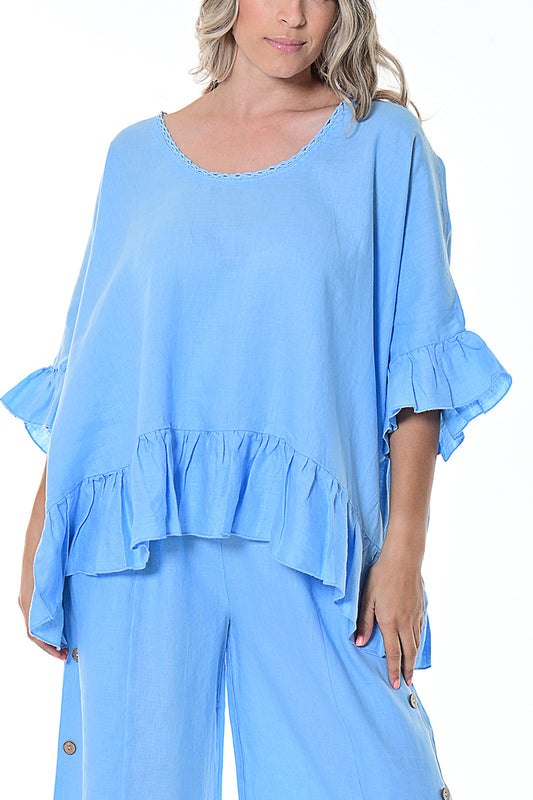 Ladies Butterfly Top Wide Neck Ruffled Hem by AZUCAR-LT. BLUE -Color Options - LLWB114- 6 PCS/PRE-PACK