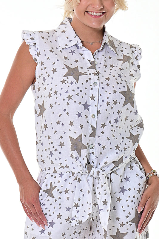 Ladies Linen Blouse Sleeveless w/Front Tie by AZUCAR IVORY STAR-Color Options - LLWB115- 6 PCS/PRE-PACK