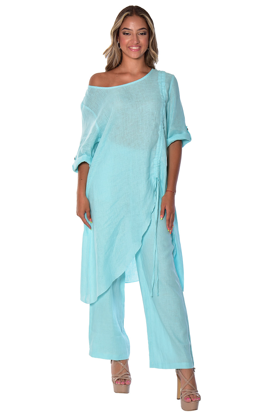 Ladies Linen 3/4 Slv Tunic Rushed Draw String Hem by AZUCAR - WHITE- LLWB2073- 6 PCS/PRE-PACK