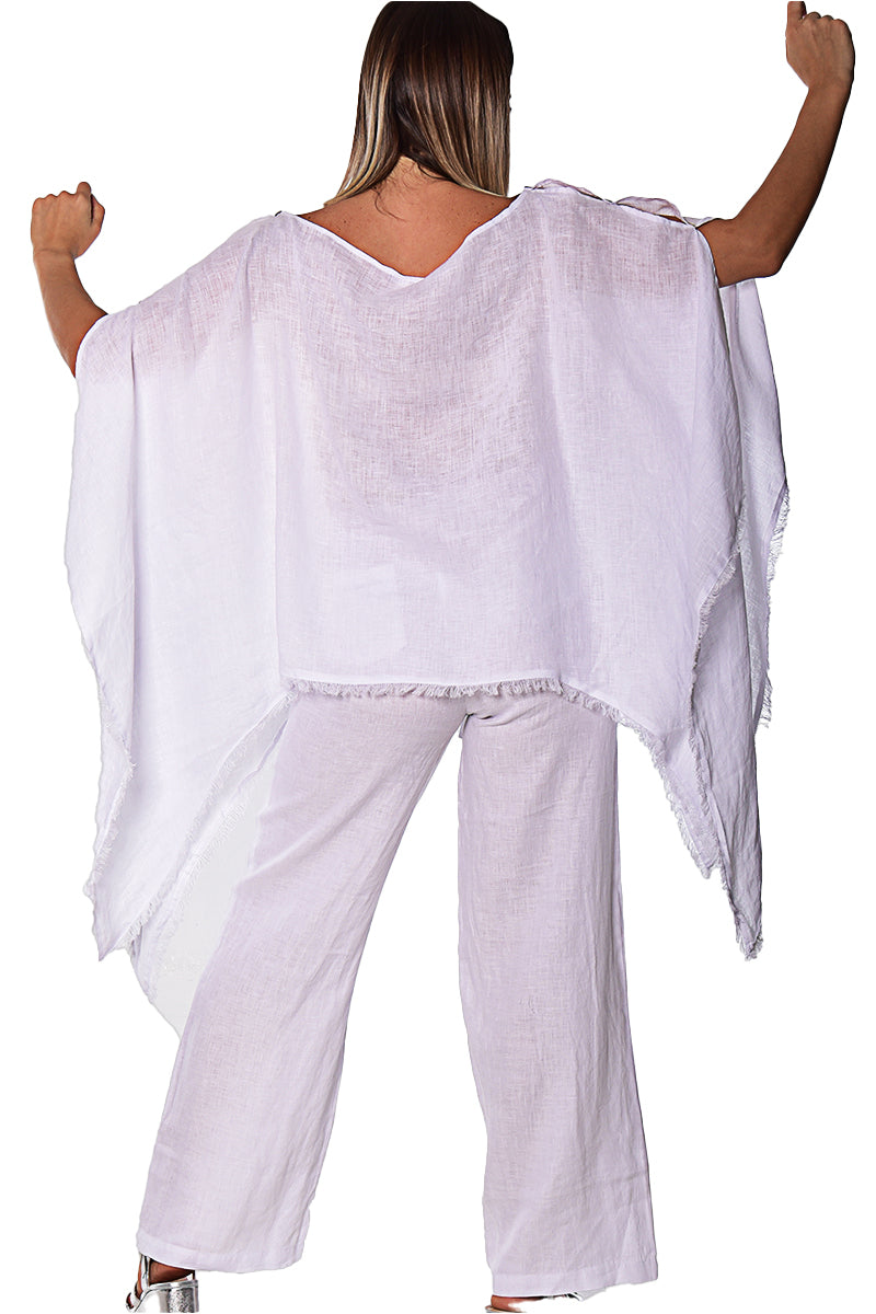 Ladies 100% Linen Poncho with Fringe Loose Fit by AZUCAR White - LLWB2081- 6 PCS/PRE-PACK